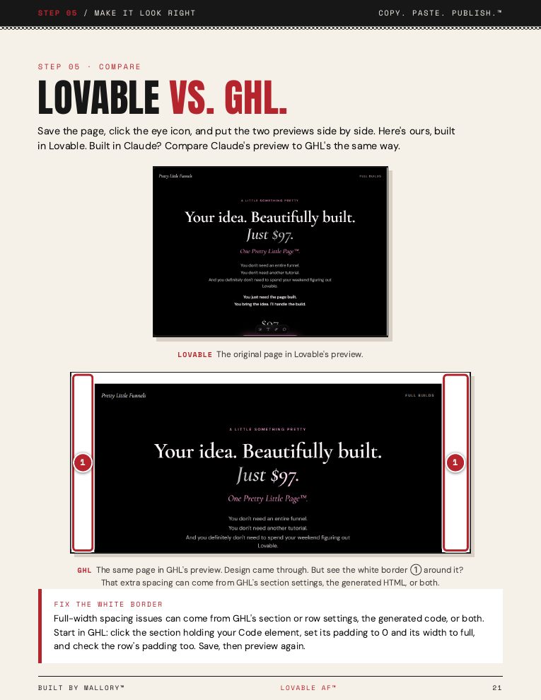 Guide page comparing the Lovable preview with the GHL preview