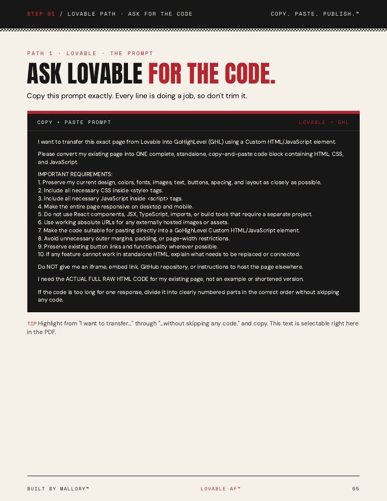 Guide page: Lovable prompt